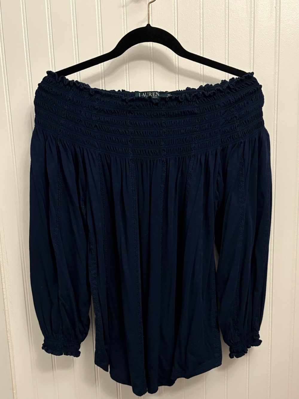 Lauren Ralph Lauren Smocked Off-the-Shoulder Peasant Blouse Blue XL